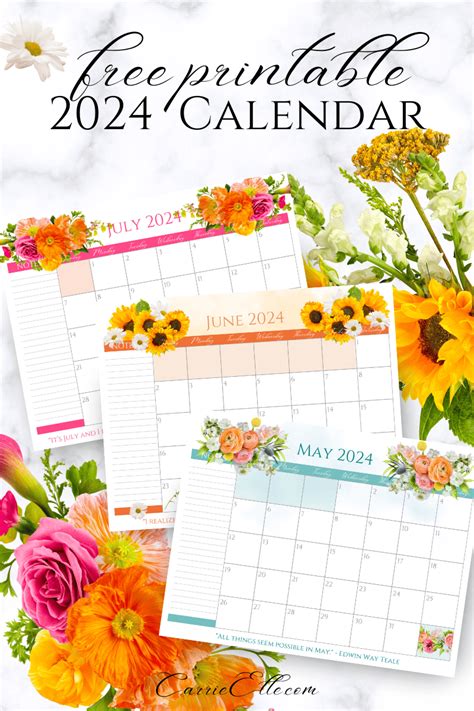 Free Printable 2024 Floral Calendar - Carrie Elle