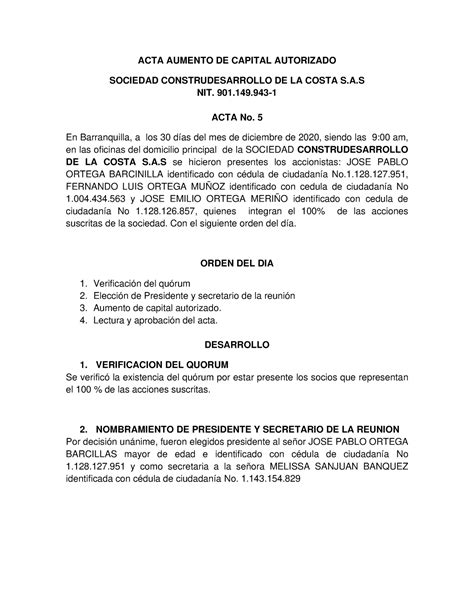 Acta Ampliacion De Capital Autorizado Acta Aumento De Capital