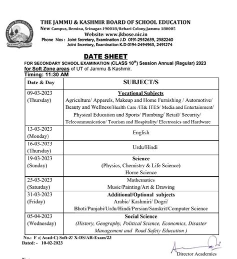 Jkbose 10th 11th12th Class Date Sheet Out