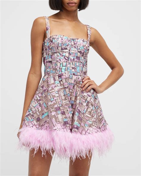 Bronx And Banco Mademoiselle Feather Trim Sequin Bustier Mini Dress