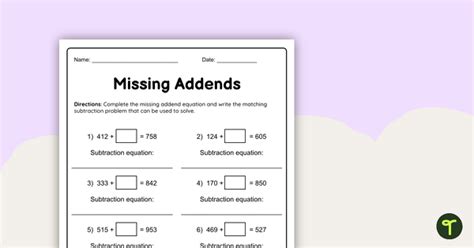 Missing Addends Addition Worksheet Teach Starter Worksheets Library