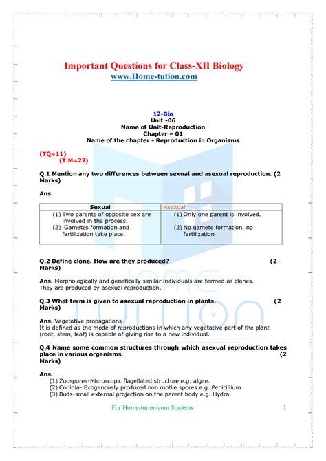 Important Questions For Class 12 Biology Chapter 1 Reproduction In