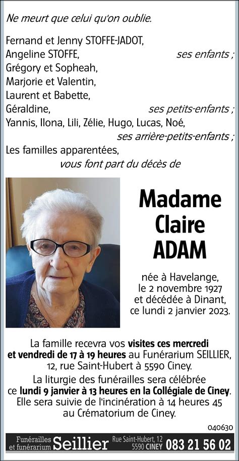 Claire ADAM 02 01 2023 Avis nécrologique lavenir net