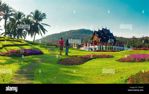 Happy Travel Couple Explore Scenery Thai Architecture In The Lanna