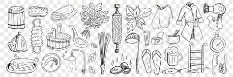 Bath And Sauna Attributes Doodle Set Collection Of Hand Drawn Bathrobe Hot Stones Basins