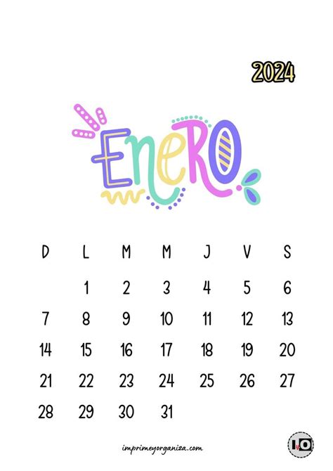 A Calendar With The Word Enero Written In Colorful Letters On It S Side