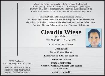 Traueranzeigen Von Claudia Wiese Trauer Und Gedenken