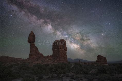 Silhouette of Balanced Rock Under the Stars and Night Sky Stock Photo ...