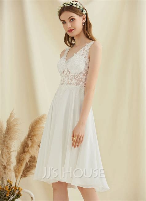 A Line V Neck Knee Length Chiffon Lace Wedding Dress With Sequins