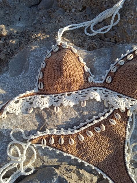 Crochet Bikini Set High Hip In Tan Bronze With Lace Edgings Etsy