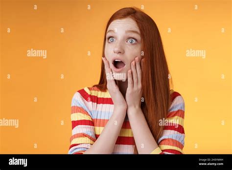 Shocked Amazed Young Drama Girl Redhead Blue Eyes Gasping Empathy Touch