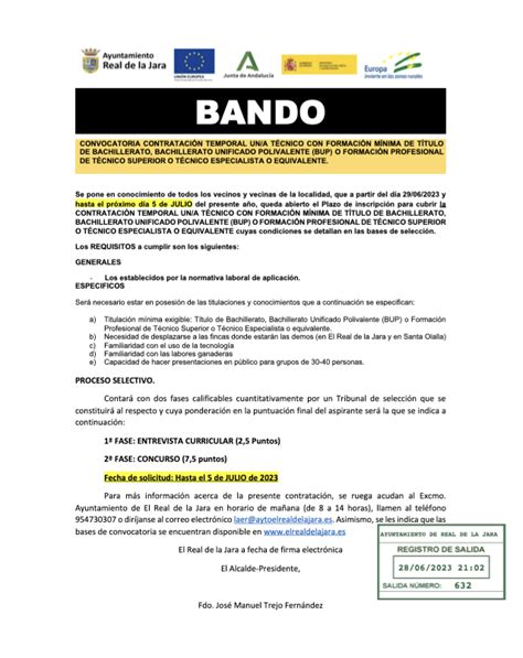 Convocatoria Contrataci N Temporal Un A T Cnico Con Formaci N M Nima De