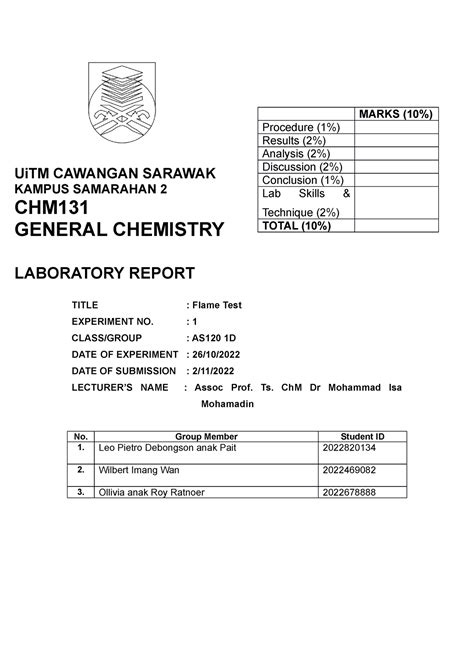 Lab Report Chm Exp Marks Procedure