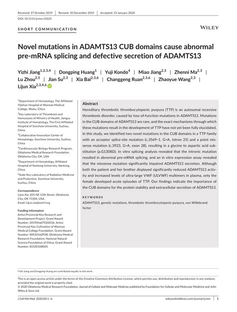 PDF Novel Mutations In ADAMTS13 CUB Domains Cause Abnormal PremRNA