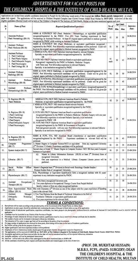 Childrens Hospital Multan Jobs July 2016 The Institute Of Child Health