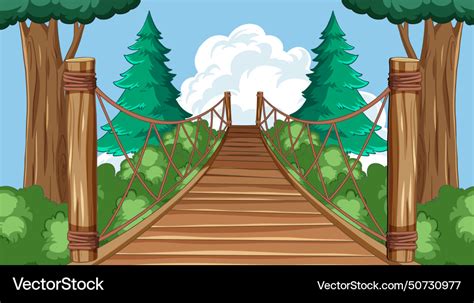 Cartoon of a wooden bridge in lush forest Vector Image