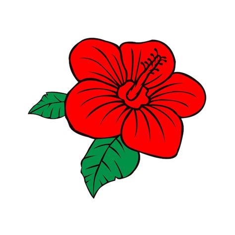 Un Dibujo De Una Flor Roja Con Hojas Verdes Vector Premium