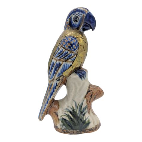 1989 Brass And Blue And White Ceramic Parrot Bird Figurine Chairish