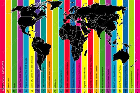 Colorful background with world map and time zones Stock Vector | Adobe ...