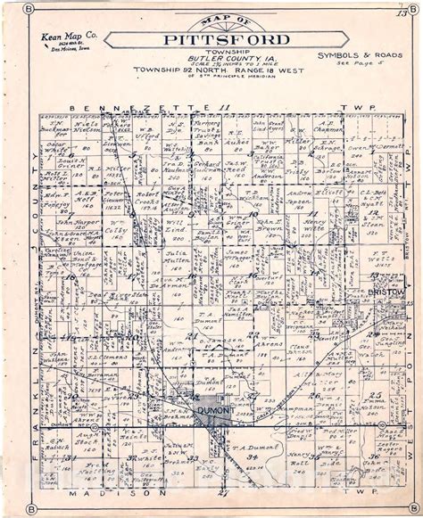 Historic 1930 Map - Atlas of Butler County, Iowa. - Map of Pittsford Township Butler County ...