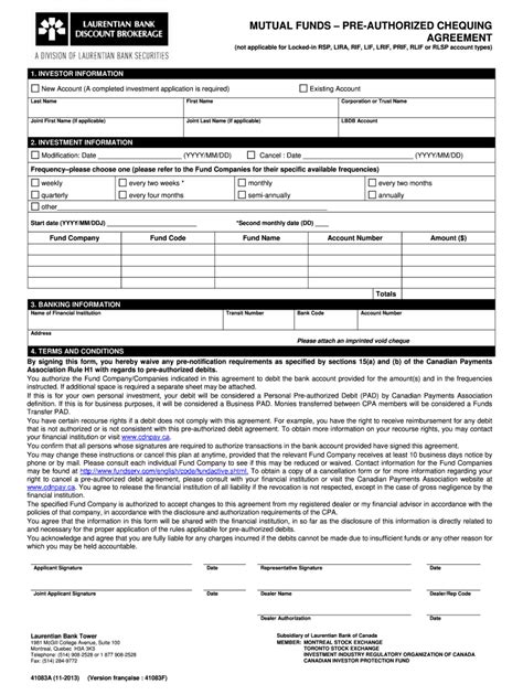 Fillable Online Mutual Funds Pre Authorized Chequing Agreement Fax