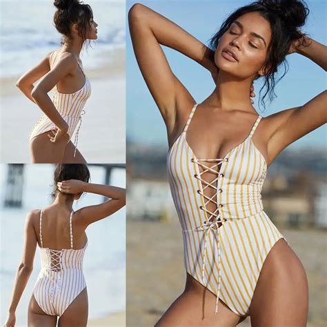 Women Sexy Spaghetti Strap Striped Print One Piece Bikini Wire Free Swimwear Padded Beach