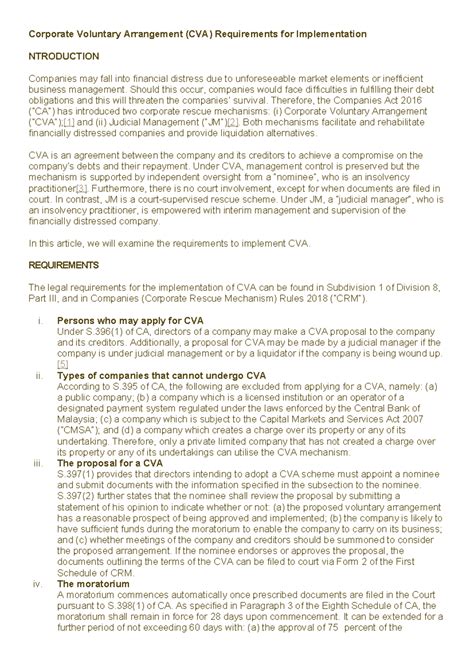 Corporate Voluntary Arrangement - Should this occur, companies would