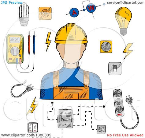 Clipart of a Sketched Electrician in Yellow Hard Hat, Electrical ...