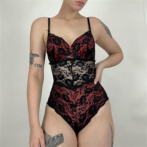 Gothic Lingerie Bodysuit Black Red Lace Goth Depop