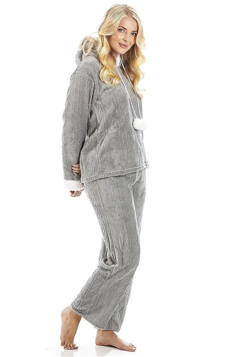 Camille Womens damer lyxiga supermjuk Fleece Hooded grå Pyjamas Set