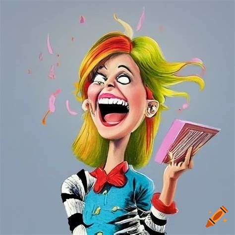 Colorful Humorous Book Illustration Of A Laughing Woman In The Style Of