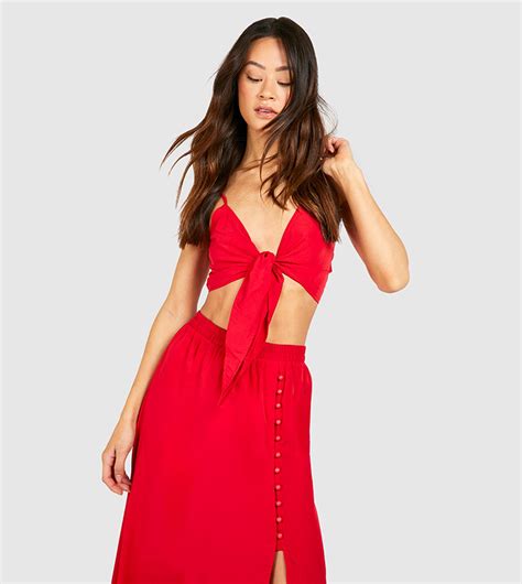 Buy Boohoo Tall Tie Front Top And Maxi Skirt Co Ord Set In Red