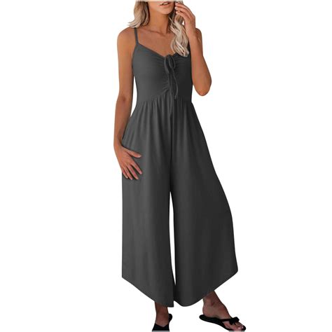 Bltiby Jumpsuits For Women Casual Solid Color Ladies Summer V Neck Drawstring Loose Sleeveless