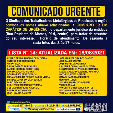 Comunicado Urgente Sindicato dos Metalúrgicos de Piracicaba e Região