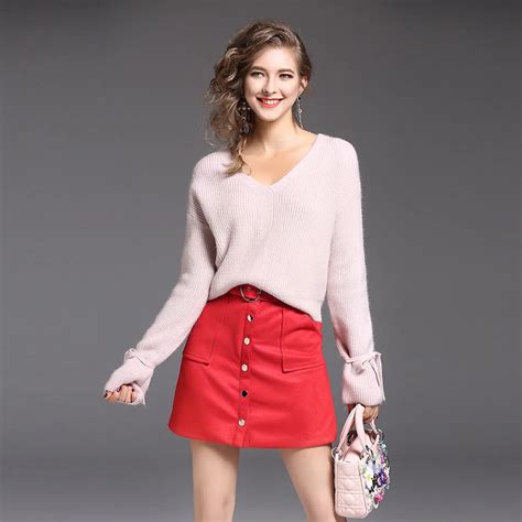 2017 Sweaters Two Piece Sets Sweater Top Mini Cashmere Skirt Knitting