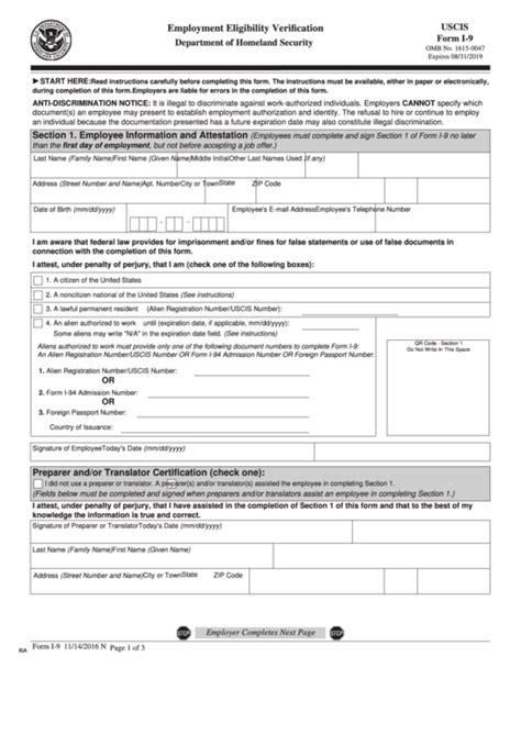 Uscis Form I 9 Employment Eligibility Verification Department Of