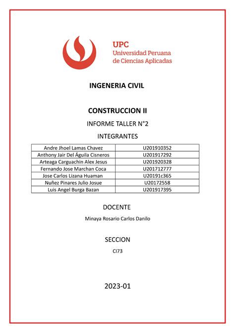 Informe DEL Taller N2 INGENERIA CIVIL CONSTRUCCION II INFORME TALLER