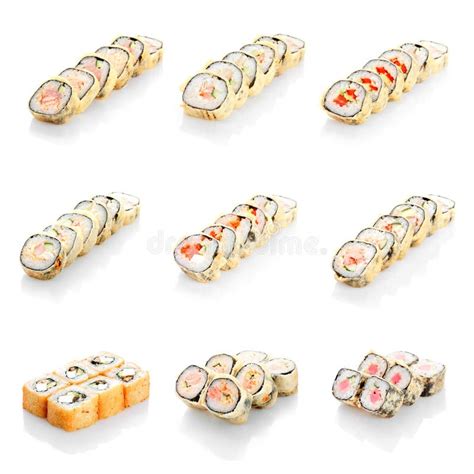 Collage Of Various Sushi Japanese Restaurant Menu On White Background