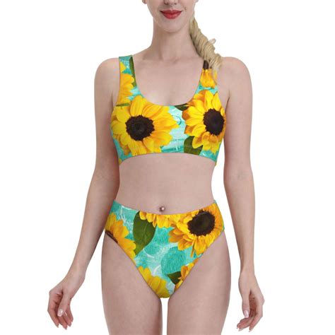 Fotbe Women S Sunflowers With Green Leaves Print Bikini High Waisted