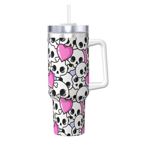 Rocae Skull With Hearts For OZ Ice Bully With Handle Keeps Drinks Hot Or Cold For Hours