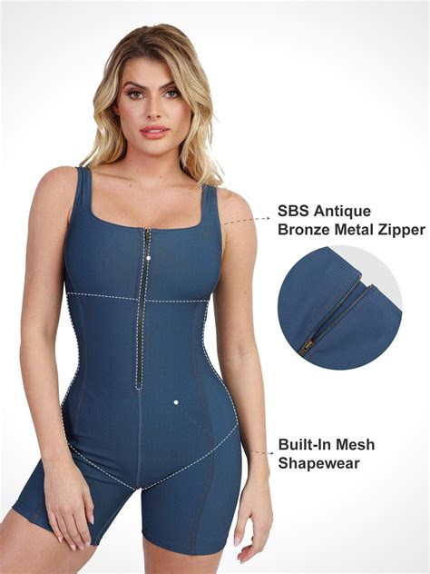 Shapewear Denim Square Neck Zip Front Sculpting Romper Popilush®