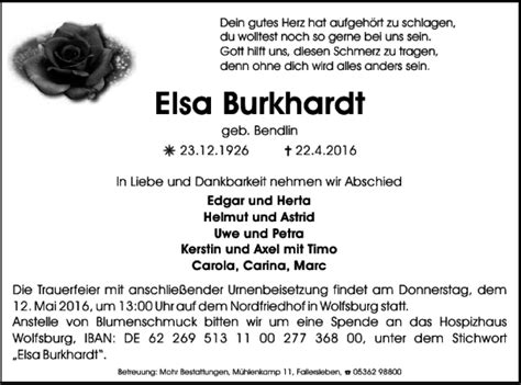 Traueranzeigen Von Elsa Burkhardt Trauer38 De