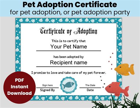 Pet Fish Adoption Certificate, Custom Editable Certificate Template for ...