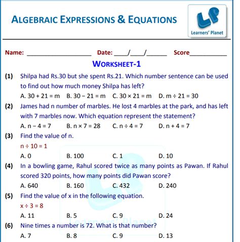 Printable Worksheet On Algebraic Expression And Simple Equations