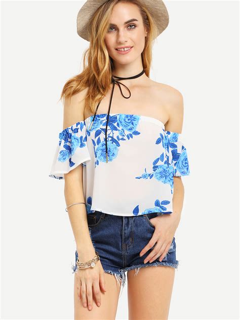 Off The Shoulder Flower Print Top Blue Shein Sheinside