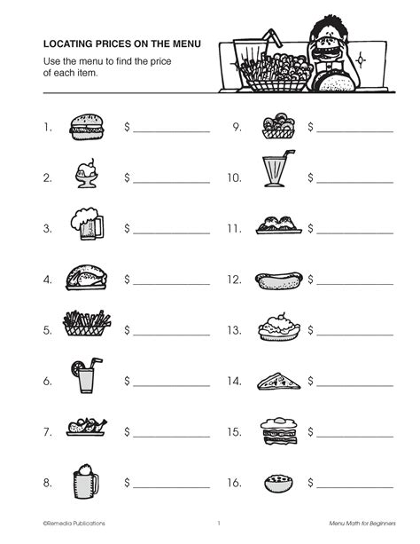 Beginning Menu Math Addition Subtraction Multiplication Consumer