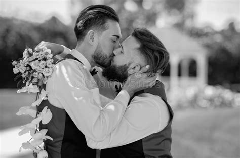 Portrait Of Happy Gay Couple In Love On Wedding Day Gay Kiss On Wedding Marriage Gay Couple