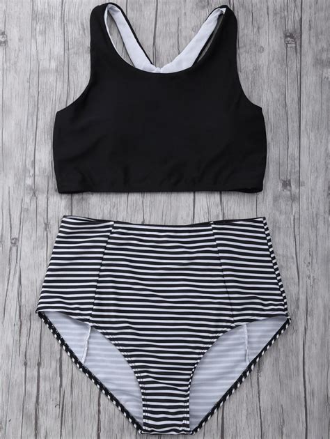 Off Striped High Waisted Padded Sports Bikini With Racerback