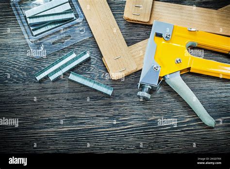 Construction Stapler Staples Wooden Planks Top View Stock Photo Alamy