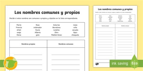 Ficha De Nombres Propios Y Comunes Normas De Ortografía